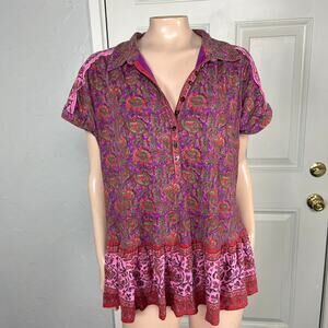 Sundance Women's Shirt L Floral Cotton India Bohemian S/S Button Tiered Y4-7